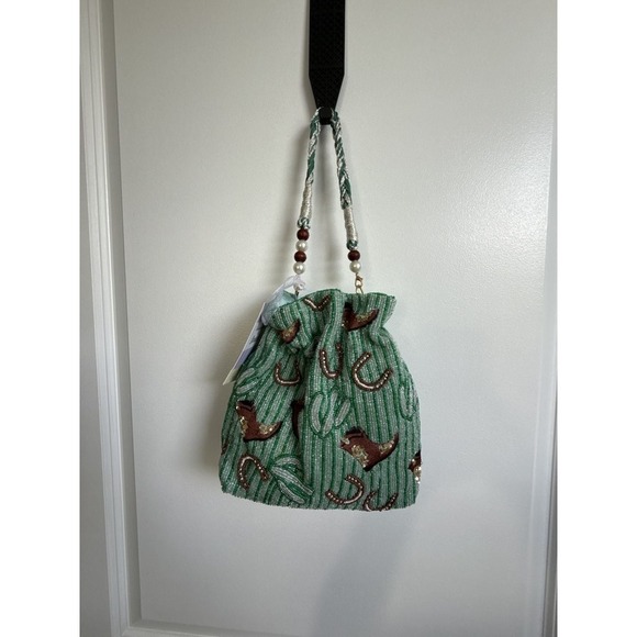 Handcrafted in India Handbags - Handcrafted  India Beaded Western Drawstring Pouch Bag Cactus Cowboy Boot Green